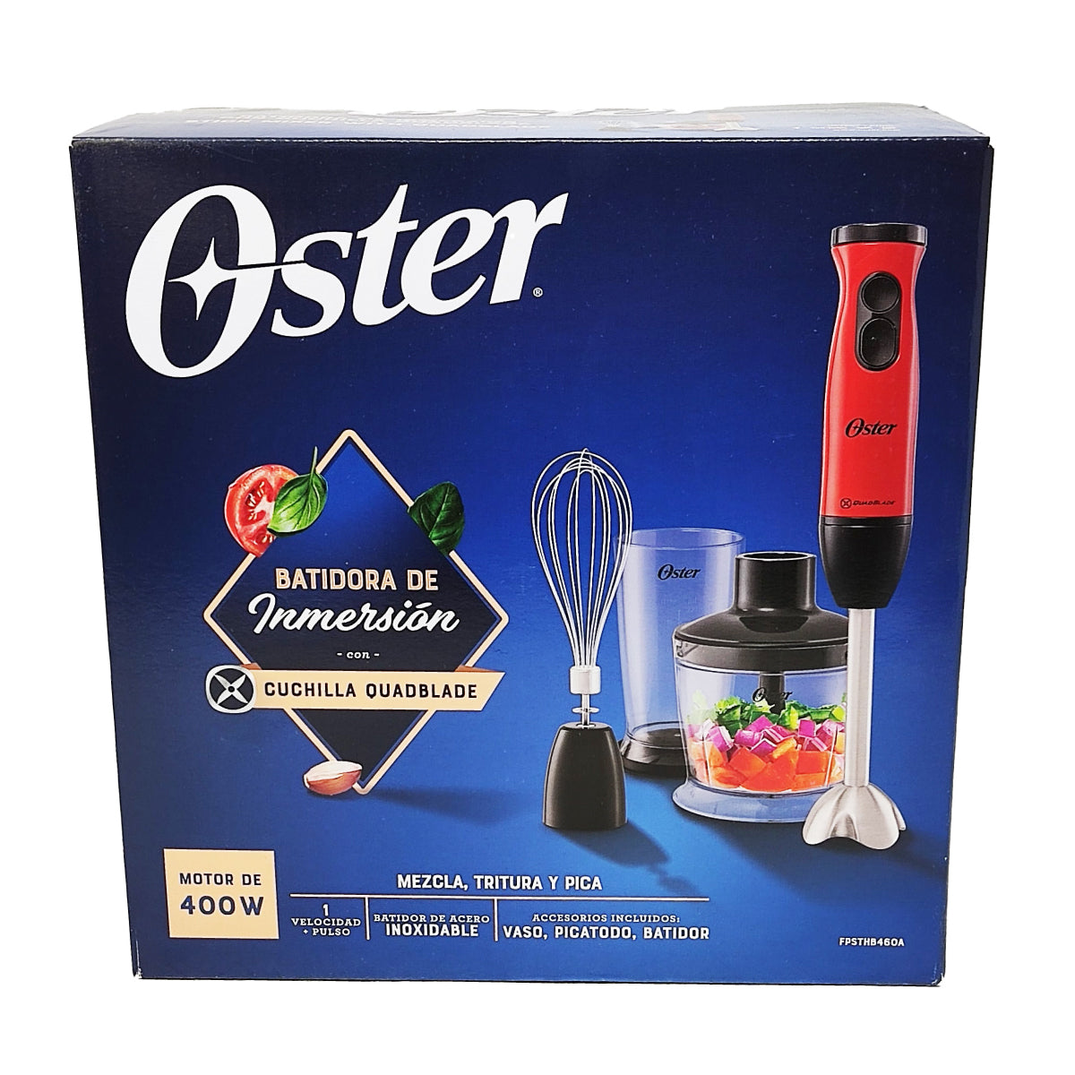 Batidora de Inmersión 1 Velocidad + Turbo con Accesorios Quad Roja Oster FPSTHB460A