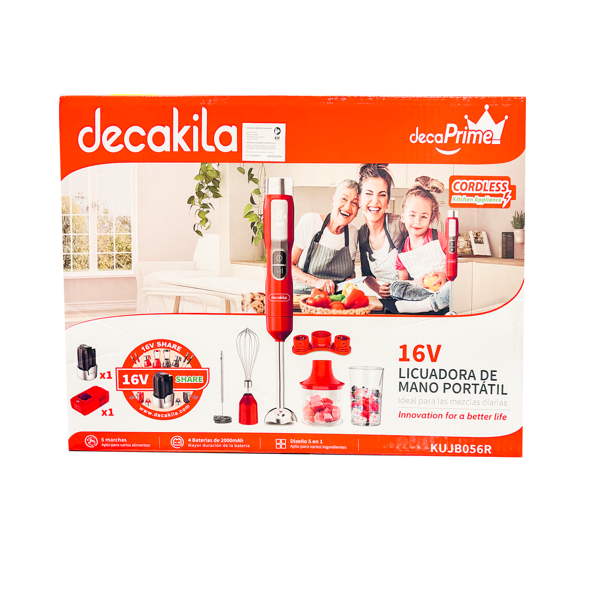Batidora de Inmersión 5 Velocidades con Accesorios 5 en 1 Inalámbrica con Batería Recargable Rojo Decakila KUJB056R (Caja de 6 Piezas)