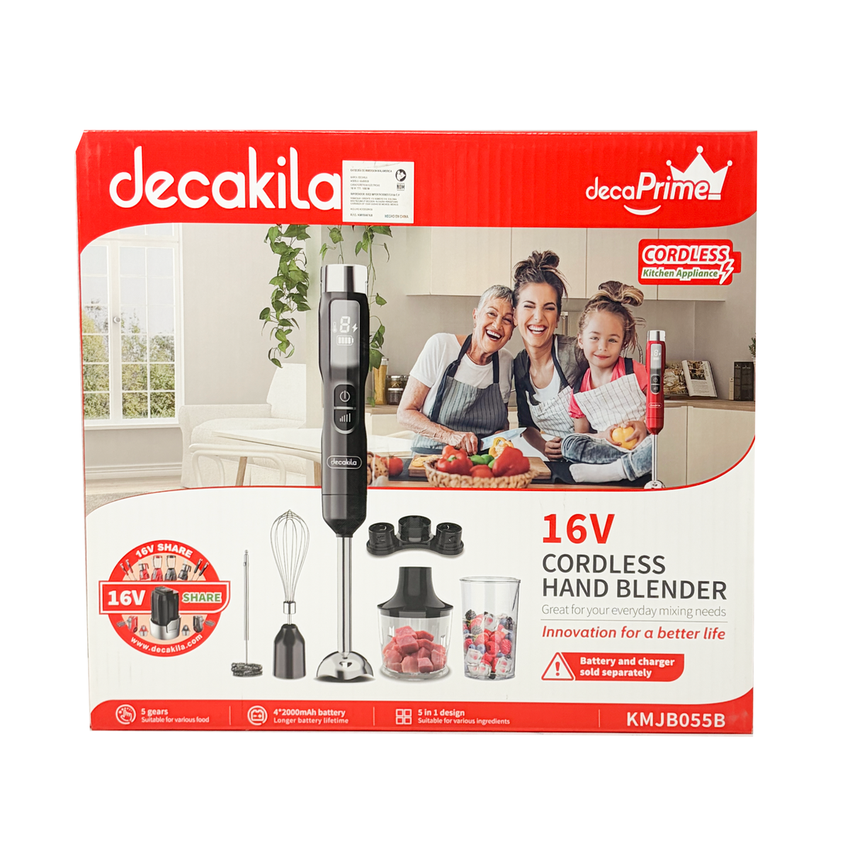 KMJB055B Batidora de inmersión 5 en 1 con accesorios 2 velocidades Inalámbrica de Batería Negra Decakila (Caja de 6 Piezas)