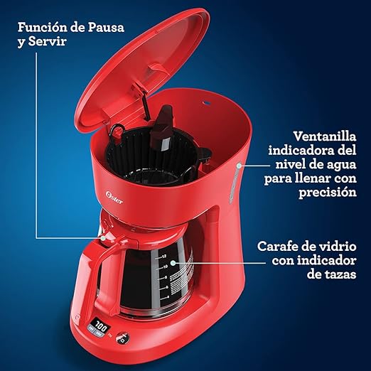 Cafetera Programable 12 Tazas Filtro Permanente Rojo Oster BVSTDCP12R-013 (2118214)