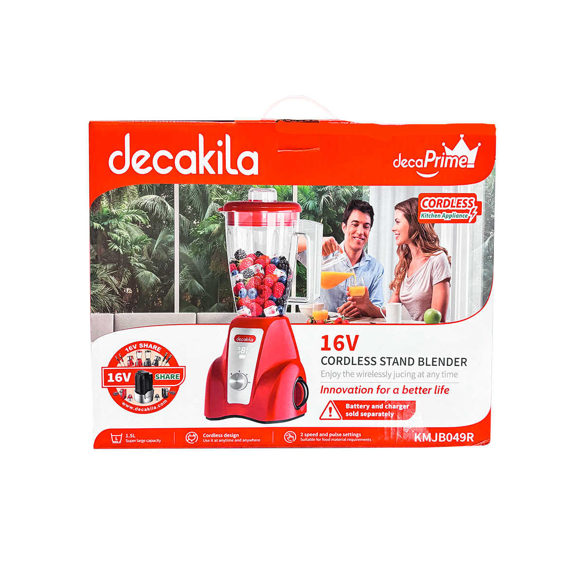 Licuadora 2 Velocidades Vaso de Plástico 1.5 L Inalámbrica de Batería Roja Decakila KMJB049R (Caja de 4 Piezas)