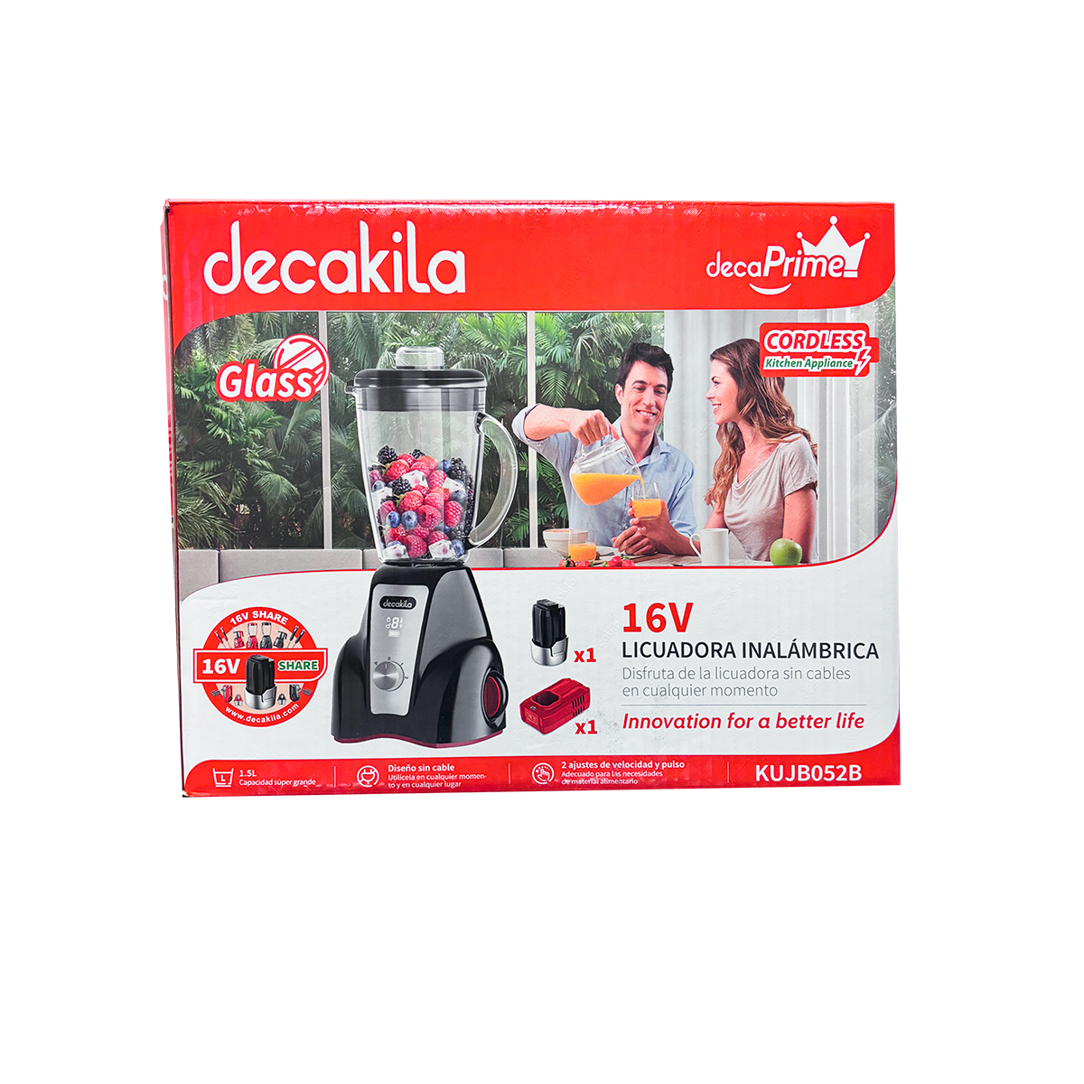 KUJB052B Licuadora 2 Velocidades Vaso de Vidrio 1.5 L Inalámbrica con Batería Recargable Negro Decakila (Caja de 4 Piezas)