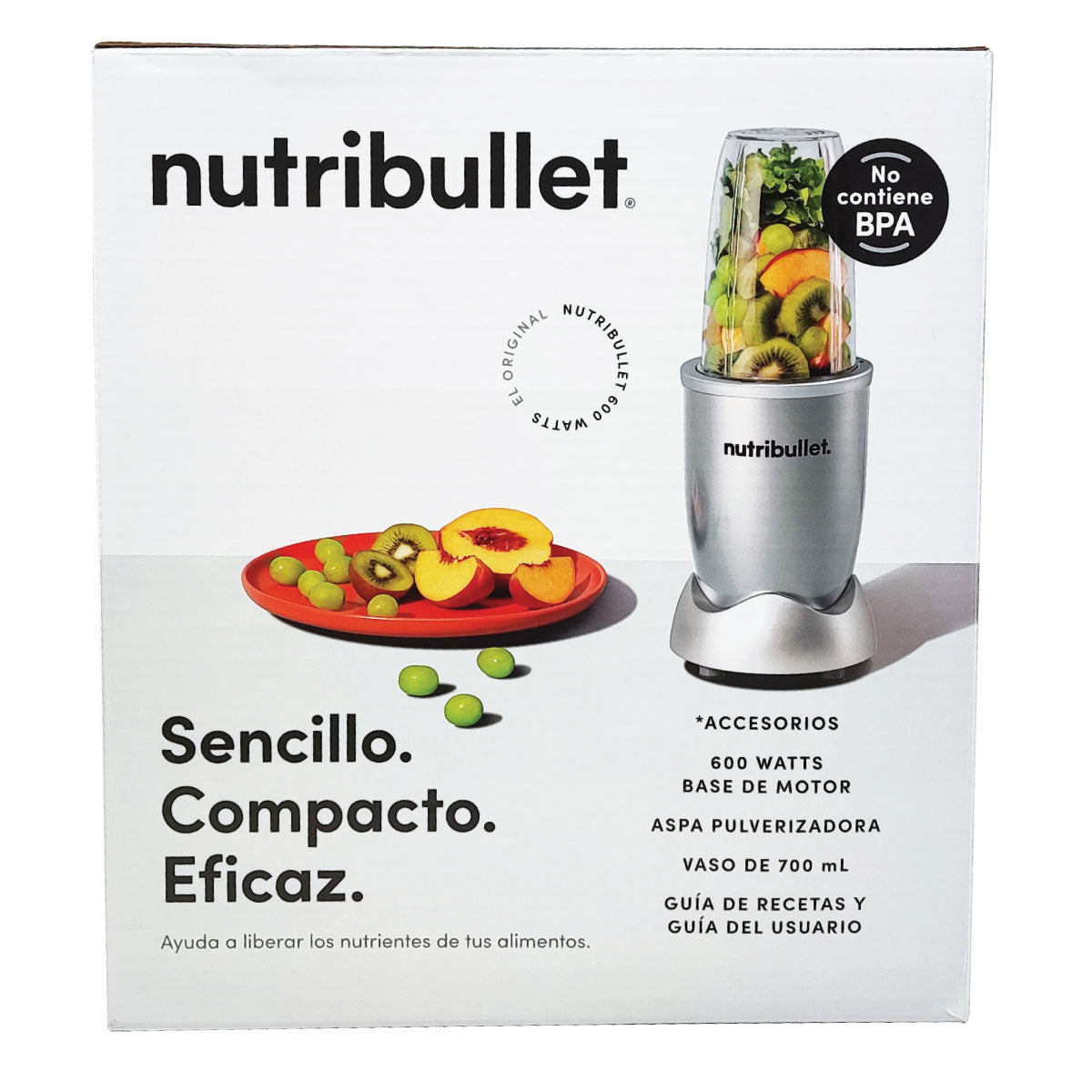 Licuadora Personal Procesador de Alimentos Nutribullet 5 Accesorios 600 W Plata 102580 (Caja de 2 Piezas)