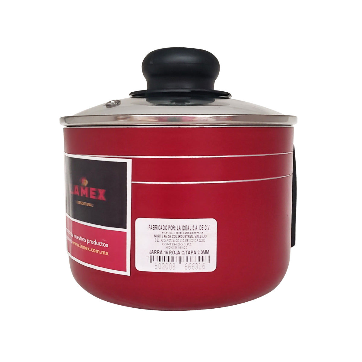 Jarra de 16 cm (2 L) con Antiadherente y Tapa de Vidrio Roja Lamex 6631-6 (Caja con 20 Piezas)