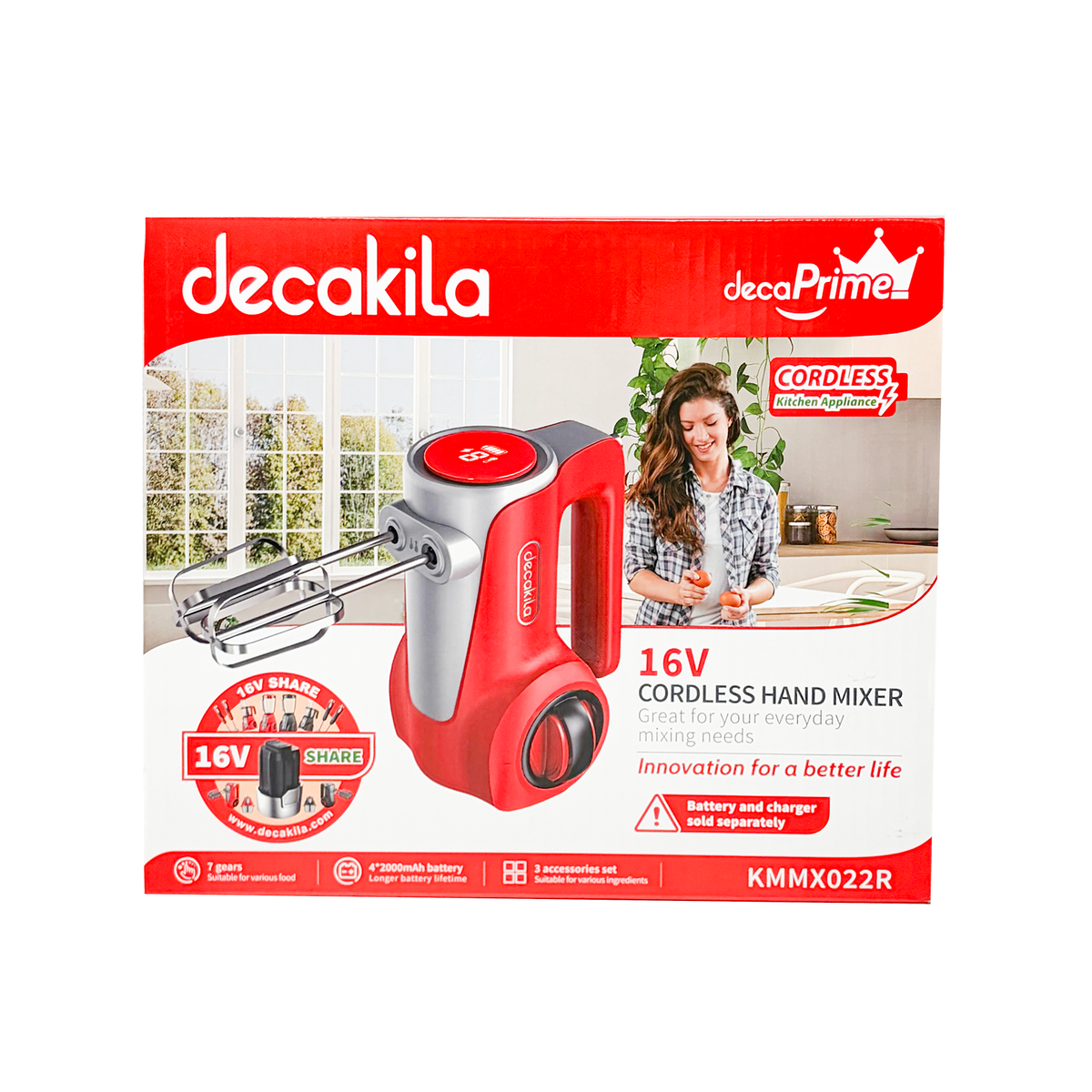 KMMX022R Batidora de Mano 7 Velocidades Inalámbrica de Batería Roja Decakila (Caja de 6 Piezas)