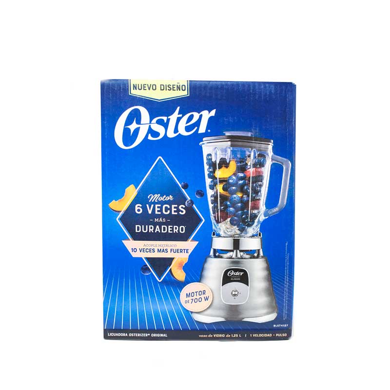 Licuadora 1 Velocidad + Pulso Vaso de Vidrio Clásica Cromo Oster BLST4127 (2114112) Caja de 4 Piezas)