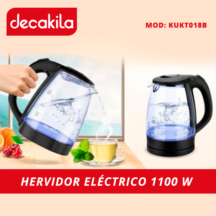 Hervidor Eléctrico 1.8 L Jarra de Vidrio Decakila KUKT018B (Caja de 6 Piezas)