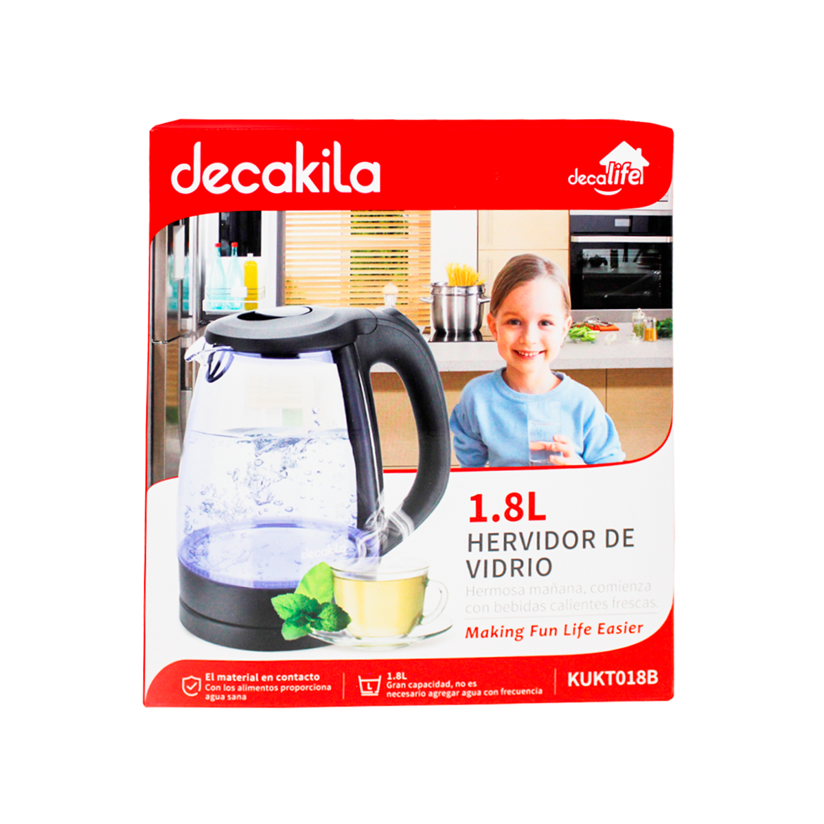 Hervidor Eléctrico 1.8 L Jarra de Vidrio Decakila KUKT018B (Caja de 6 Piezas)