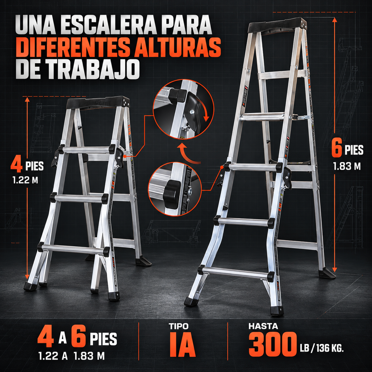 Little Giant SmartStep Escalera de Aluminio Ajustable (4 (1.22 m)–6 (1.83 m) Pies, Tipo IA)
