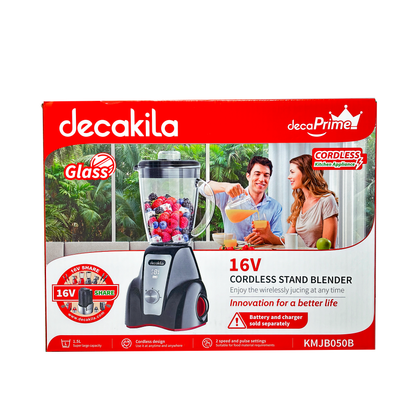 Licuadora 2 Velocidades Vaso de Vidrio 1.5 L Inalámbrica con Batería Recargable Negra Decakila KMJB050B (Caja con 4 piezas)