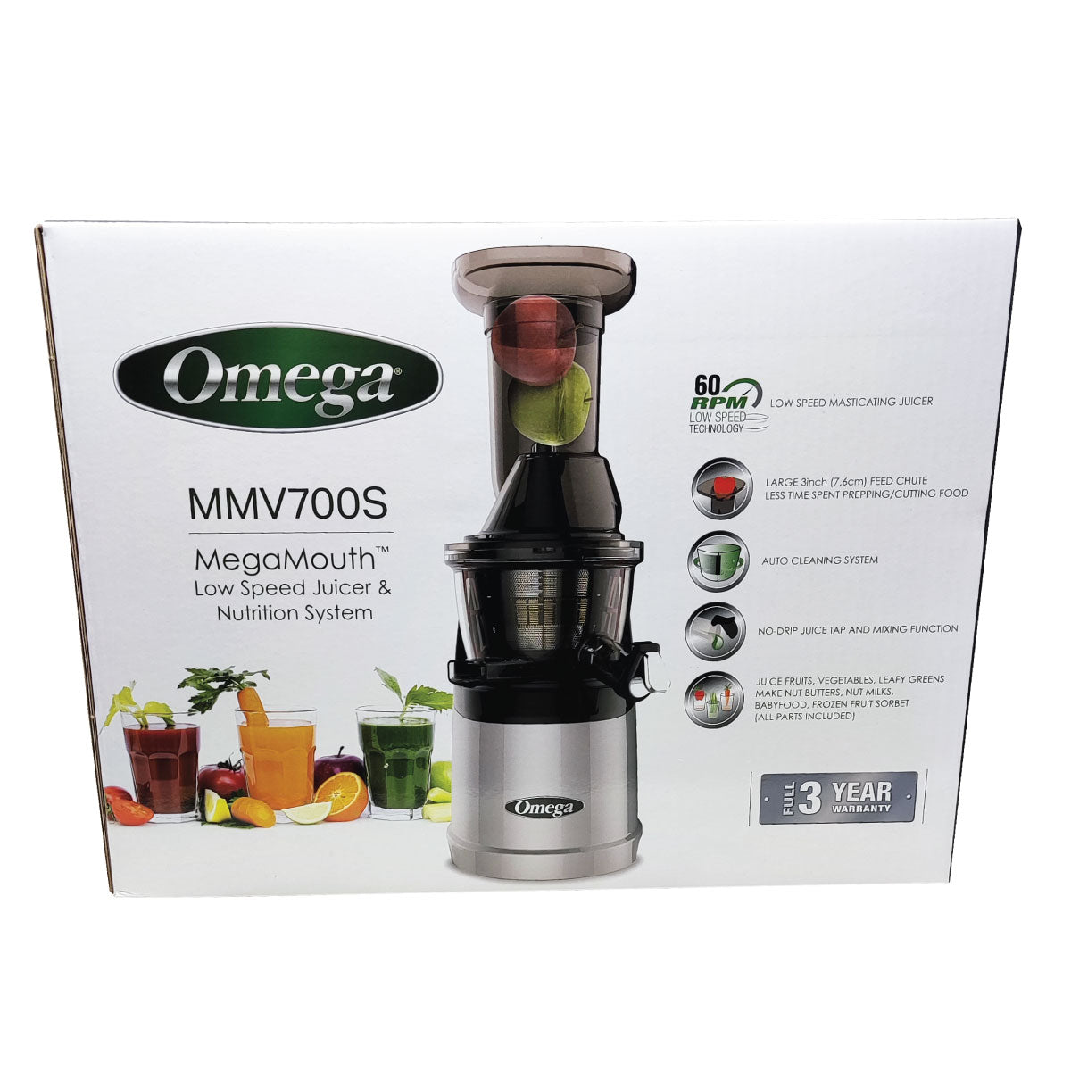 Extractor de Jugo Vertical Prensa Fría Boca Ancha Plata Omega MMV700S