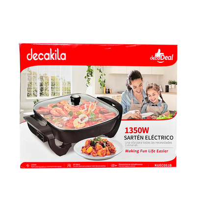 Sartén Eléctrico de 30 X 30 cm con Antiadherente y Tapa de Vidrio Negro Decakila KUEC051B