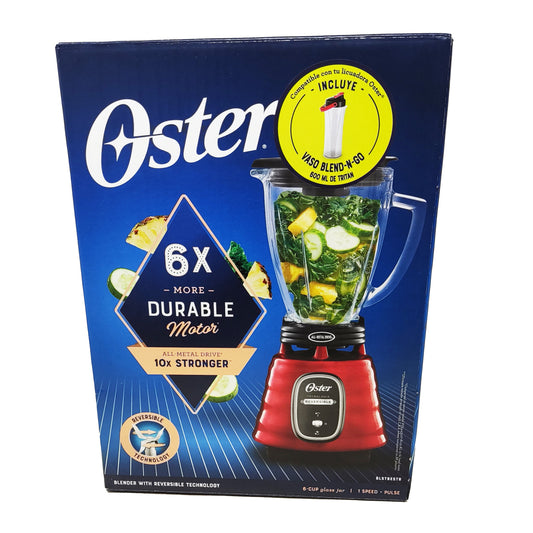 Licuadora Clásica Reversible 1 Velocidad + Pulso Vaso de Vidrio Rojo Oster BLSTBESTR (2114090) (Caja con 4 Piezas)