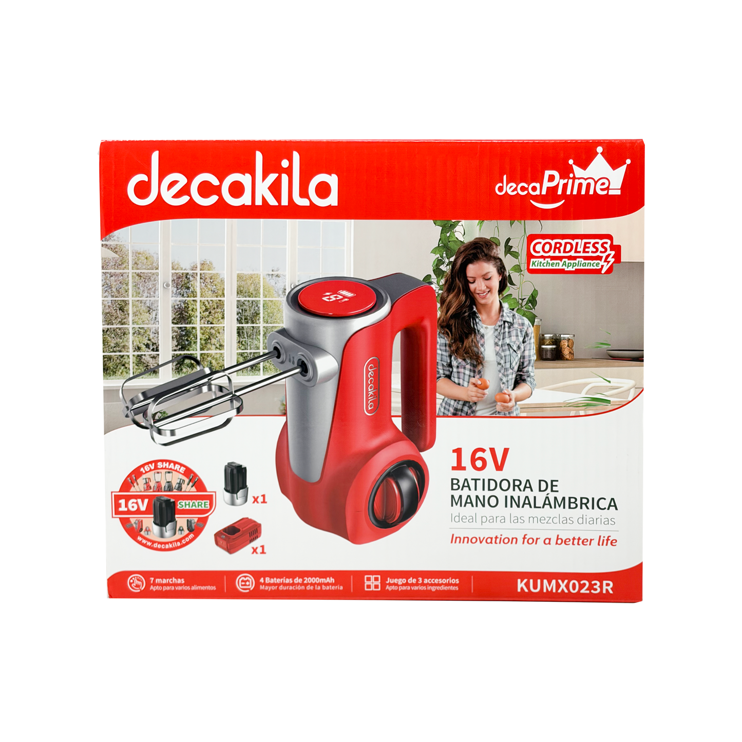Batidora de Mano 7 Velocidades Inalámbrica con Batería Recargable Rojo Decakila KUMX023R (Caja de 6 piezas)