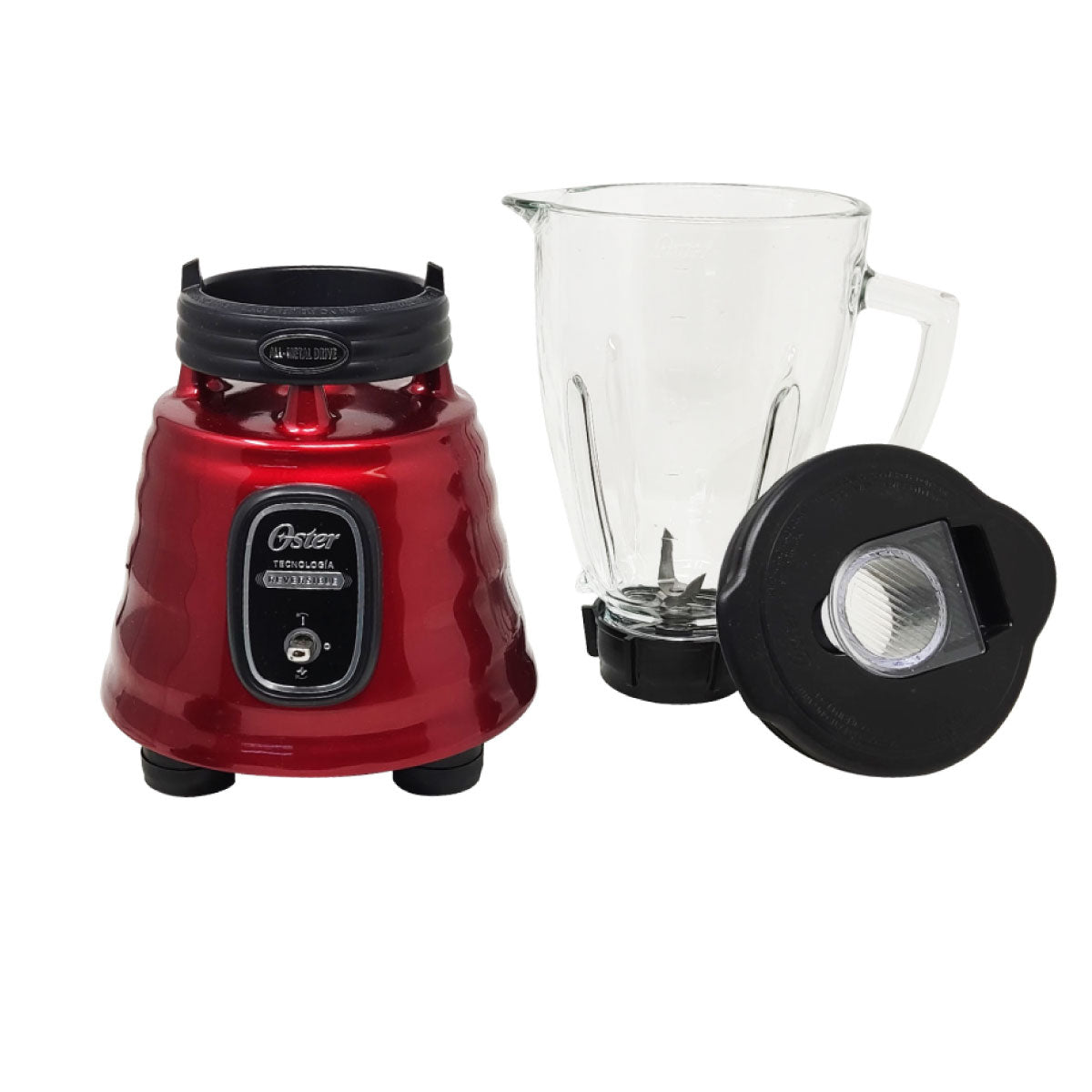 Licuadora Clásica Reversible 1 Velocidad + Pulso Vaso de Vidrio Rojo Oster BLSTBESTR (2114090) (Caja con 4 Piezas)