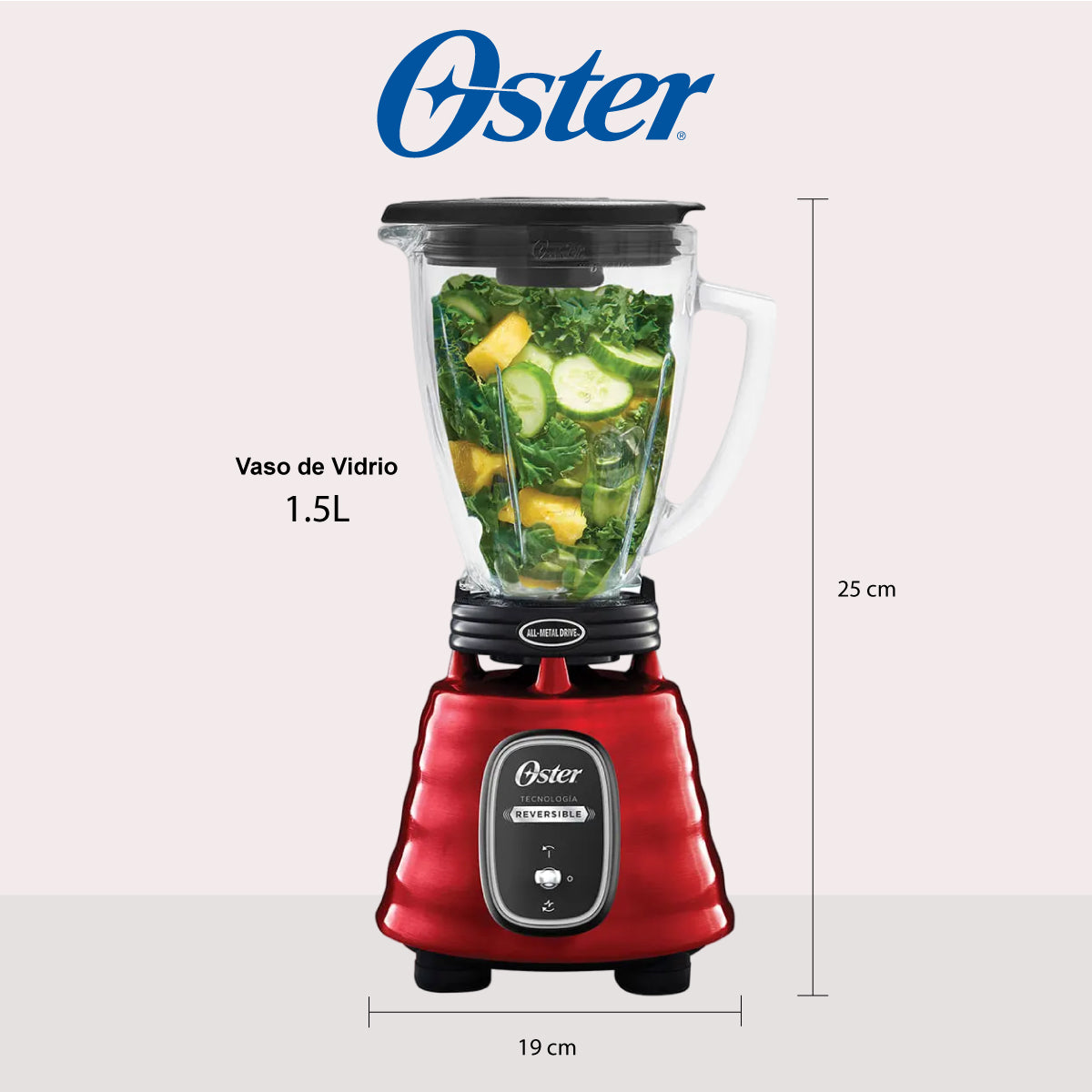 Licuadora 1 Velocidad + Pulso Reversible Vaso de Vidrio Rojo con Vaso Blend-N-Go Oster BLSTBESTR013