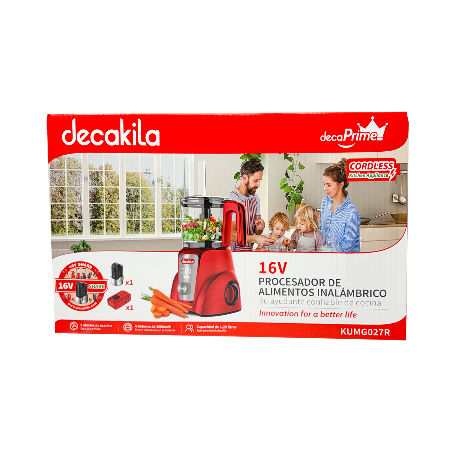 Procesador de Alimentos 1.25 L Inalámbrico con Batería Recargable Rojo Decakila KUMG027R (Caja con 4 piezas)