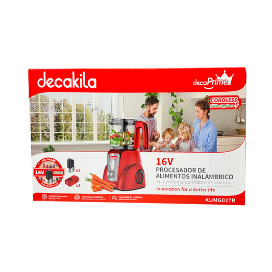 Procesador de Alimentos 1.25 L Inalámbrico con Batería Recargable Rojo Decakila KUMG027R (Caja con 4 piezas)