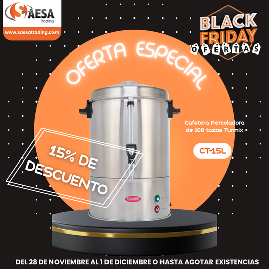 Cafetera Percoladora de 100 tazas Acero Inoxidable Comercial Turmix TU28 (CT-15L)