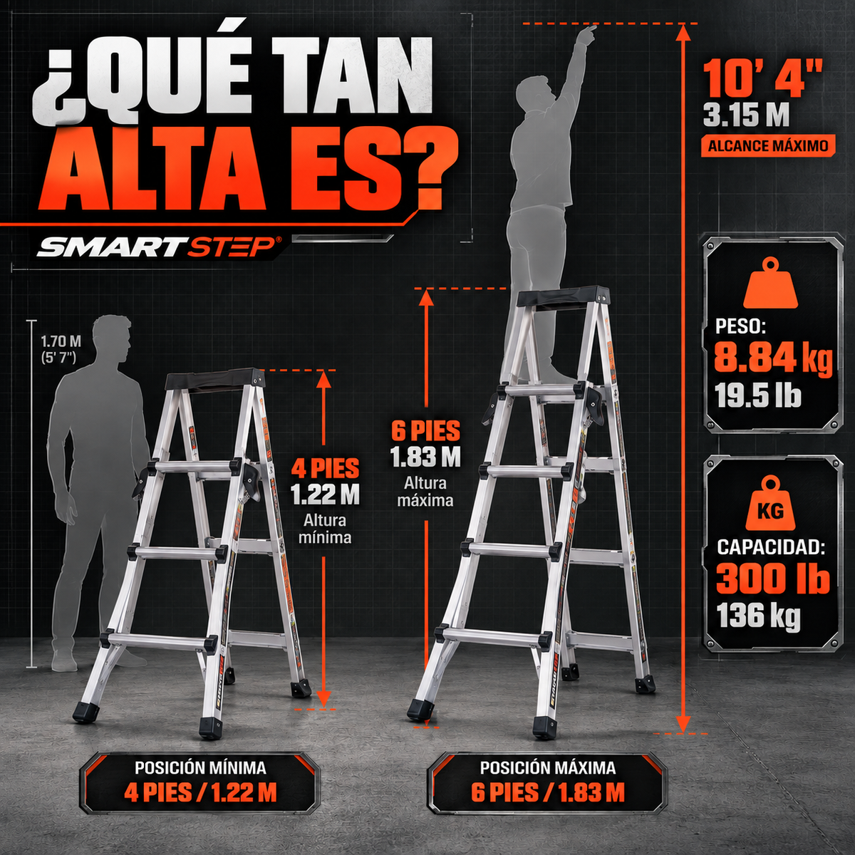 Little Giant SmartStep Escalera de Aluminio Ajustable (4 (1.22 m)–6 (1.83 m) Pies, Tipo IA)