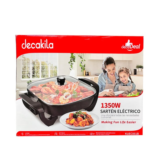 Sartén Eléctrico de 30 X 30 cm con Antiadherente y Tapa de Vidrio Negro Decakila KUEC051B (Caja de 4 Piezas)