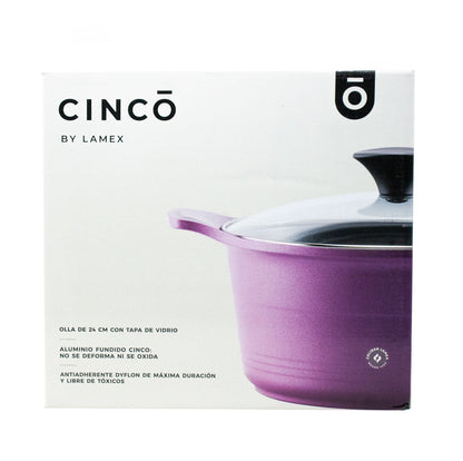 Olla 24 cm Aluminio Fundido con Tapa de Vidrio  Morada Lamex Cinco 6836-5
