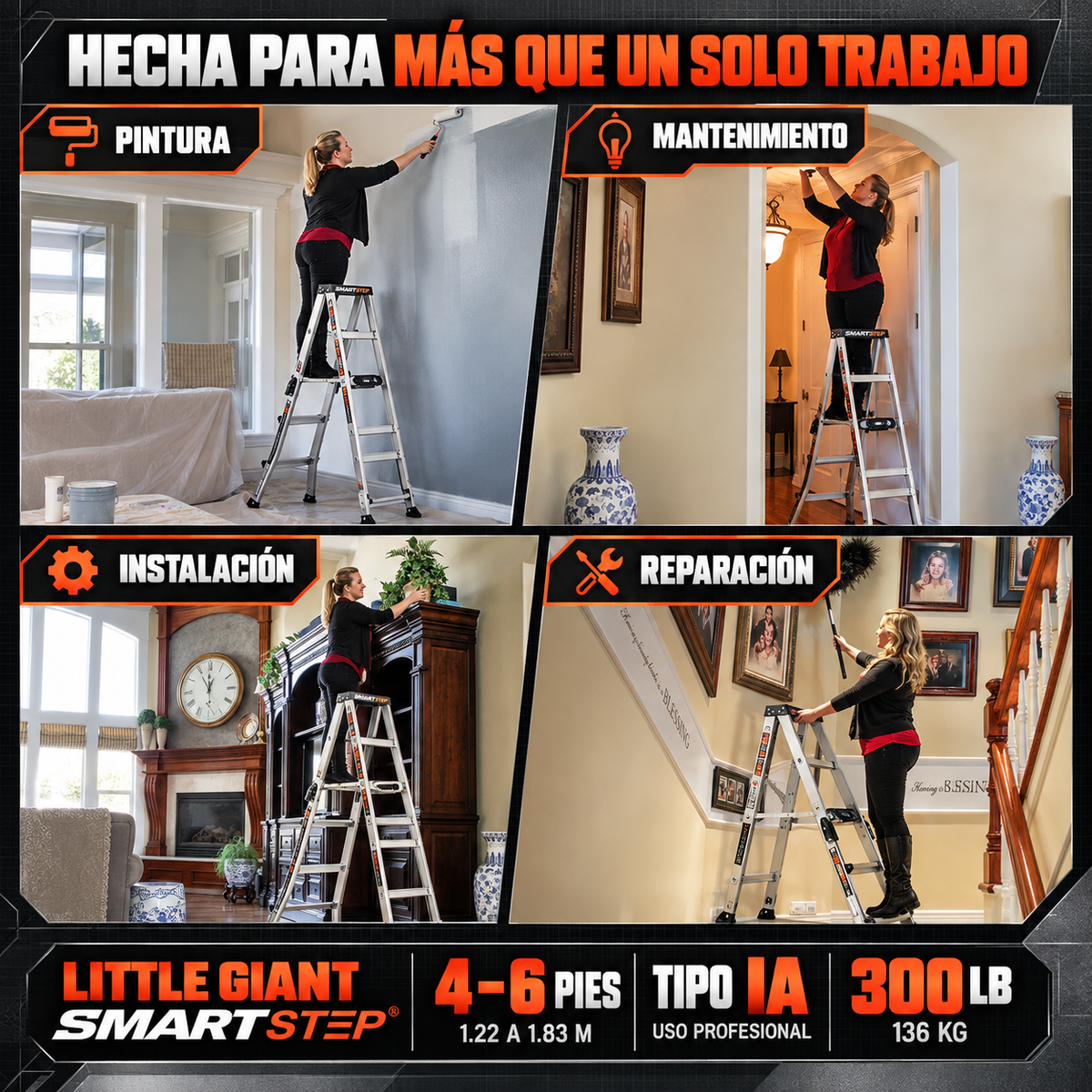 Little Giant SmartStep Escalera de Aluminio Ajustable (4 (1.22 m)–6 (1.83 m) Pies, Tipo IA)
