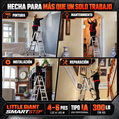 Little Giant SmartStep Escalera de Aluminio Ajustable (4 (1.22 m)–6 (1.83 m) Pies, Tipo IA)
