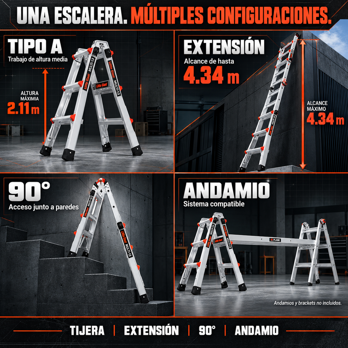 Little Giant Multi Escalera Multiposición de Aluminio [13' / 4.34 m] Tipo IA 300 lb