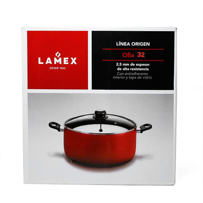 Olla 32 cm (11.6 L) con Antiadherente y Tapa Vidrio Roja Lamex 6669-9