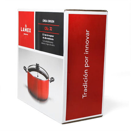 Olla 32 cm (11.6 L) con Antiadherente y Tapa Vidrio Roja Lamex 6669-9